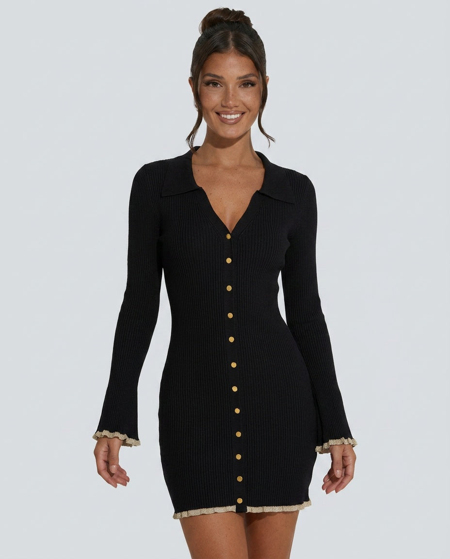 Leona | V-Neck Contrast Trim Knit Mini Dress