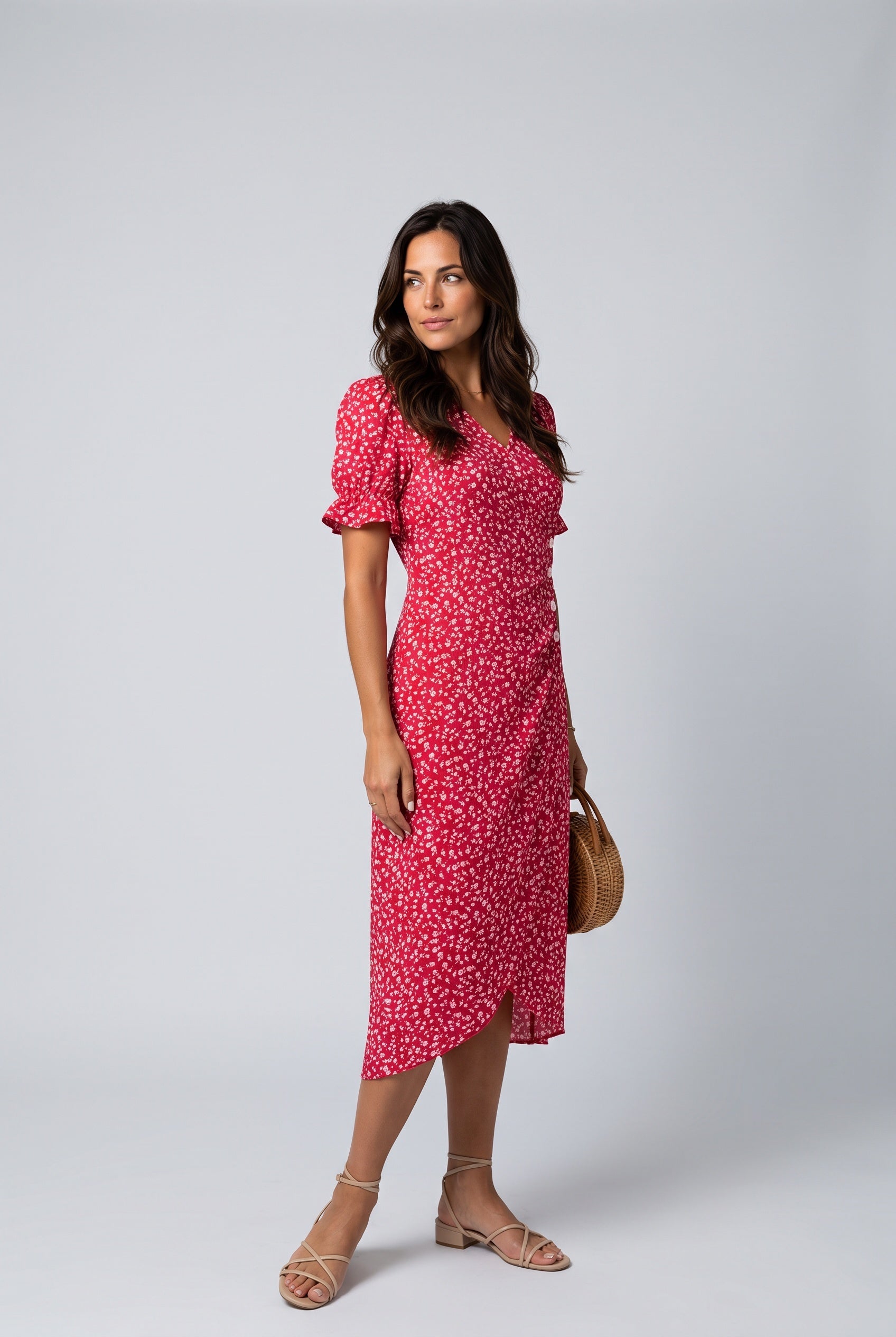 Greta | V-Neck Wrap Short Sleeve Midi Dress