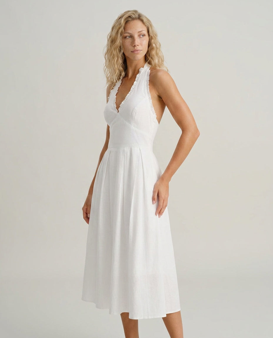 Neve | V-Neck Halter Sleeveless White Midi Dress