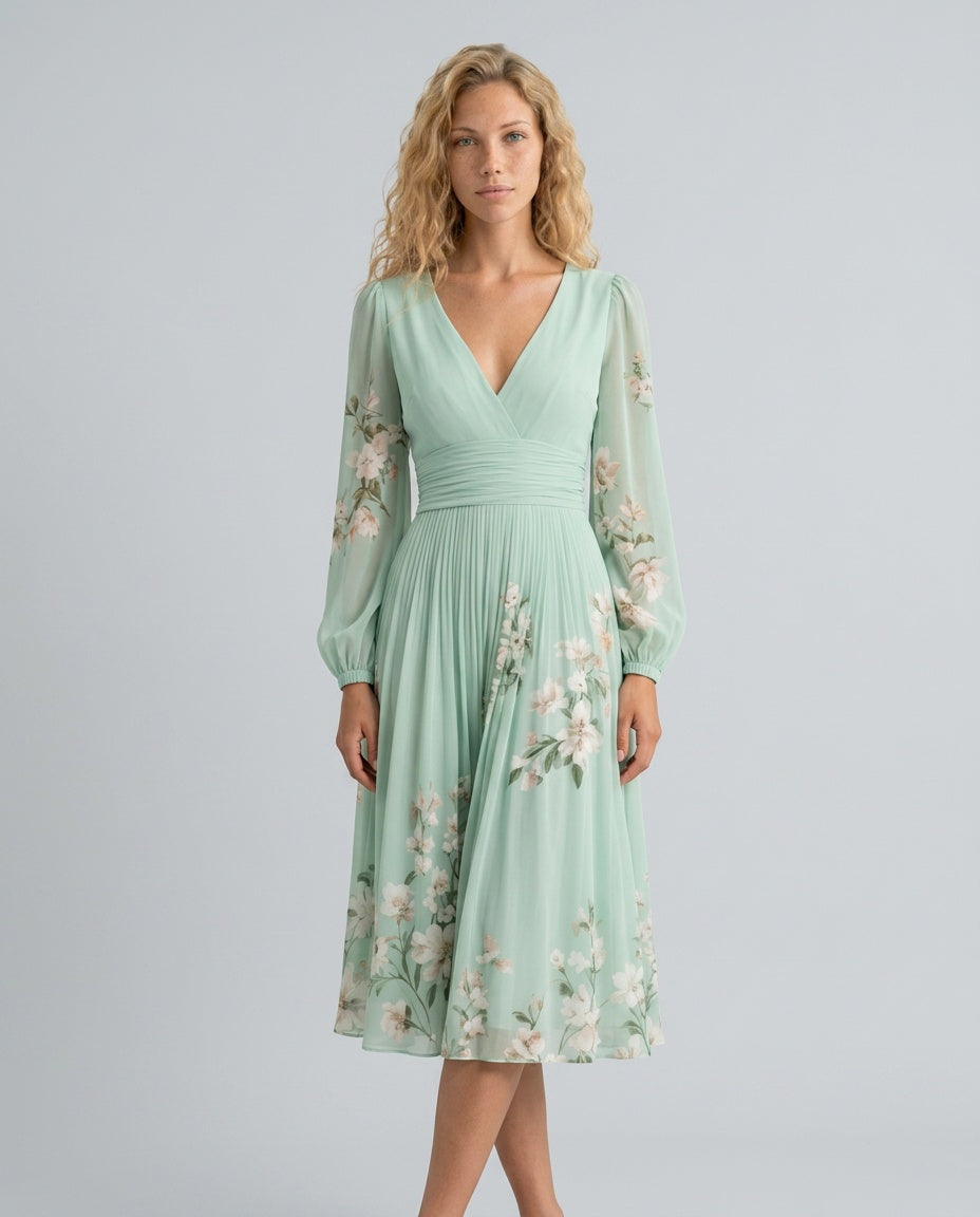 Aurelia | Long Sleeve Floral Midi with Pleated Skirt
