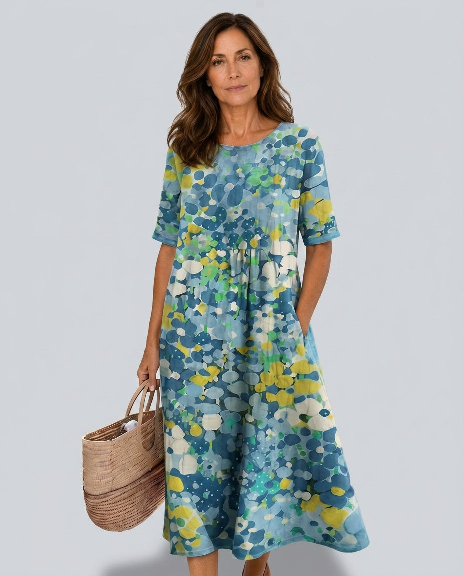 Valentina | Abstract Floral Cotton-Linen Midi Dress