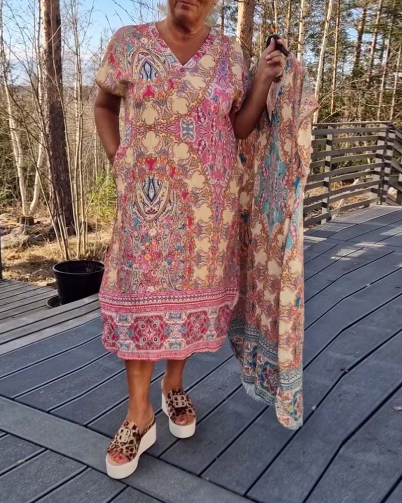 Maeve | Printed V-Neck Short Sleeve Midi Dress