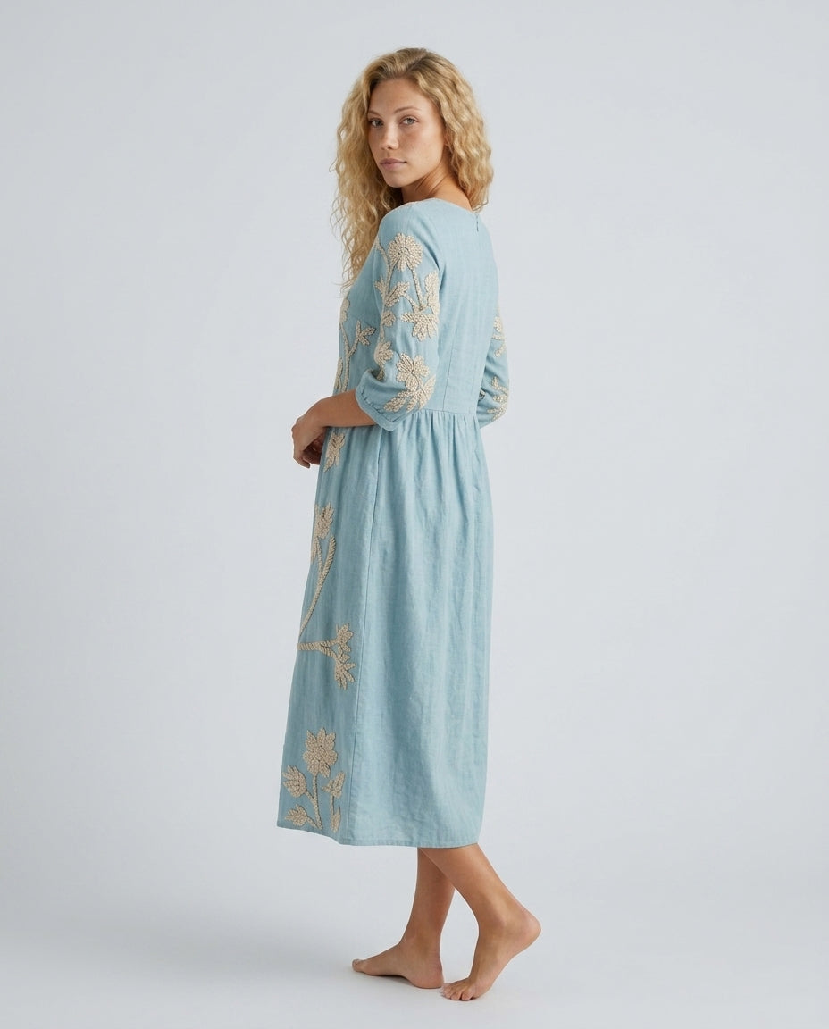 Josie | Floral Linen-Look Round Neck Midi Dress