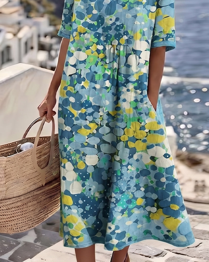 Valentina | Abstract Floral Cotton-Linen Midi Dress