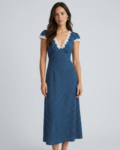 Elodie | V-Neck Polka Dot Lace Ruched Maxi Dress