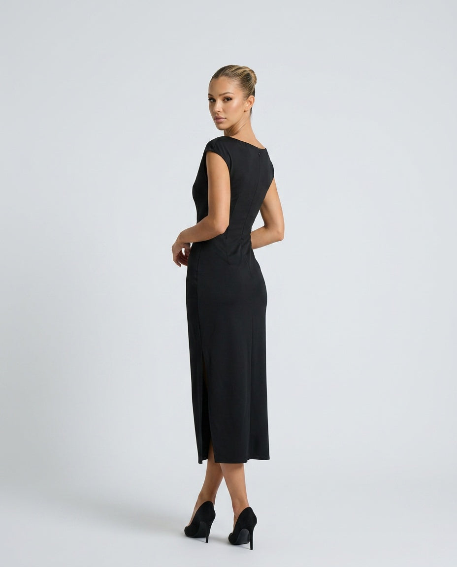 Nora | Short Sleeve Boat Neck Fitted Midi Dress