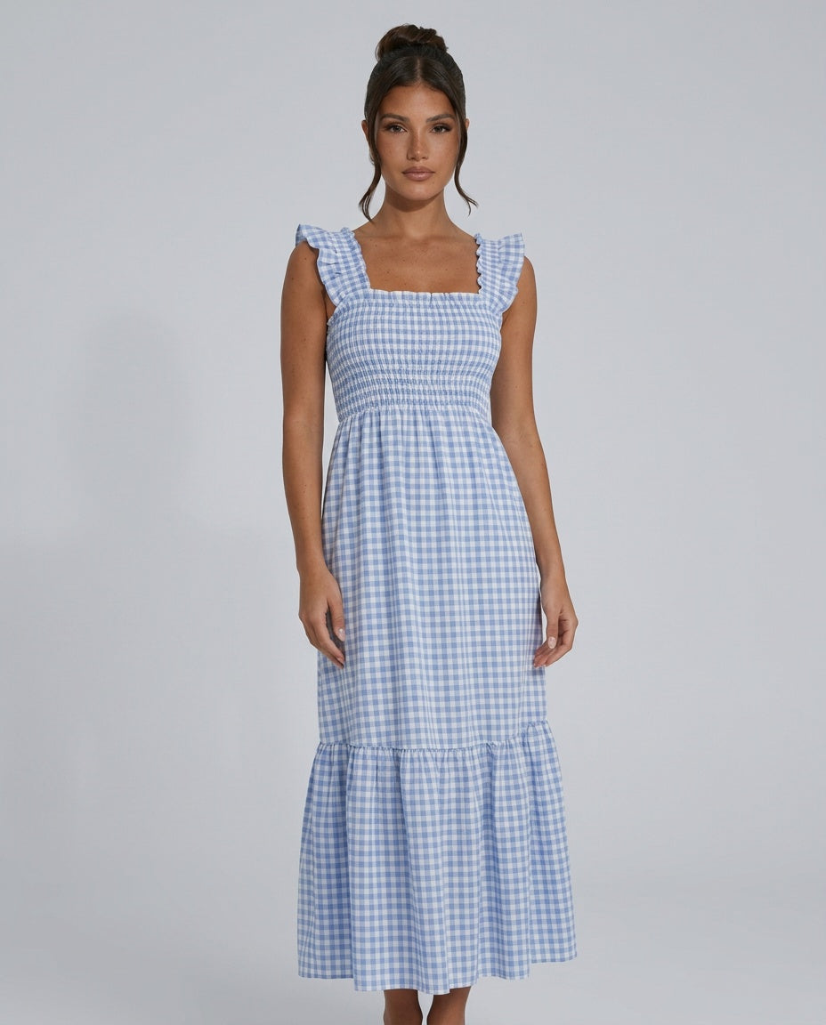 Ximena | Flutter Sleeve Smocked Gingham Maxi Dress