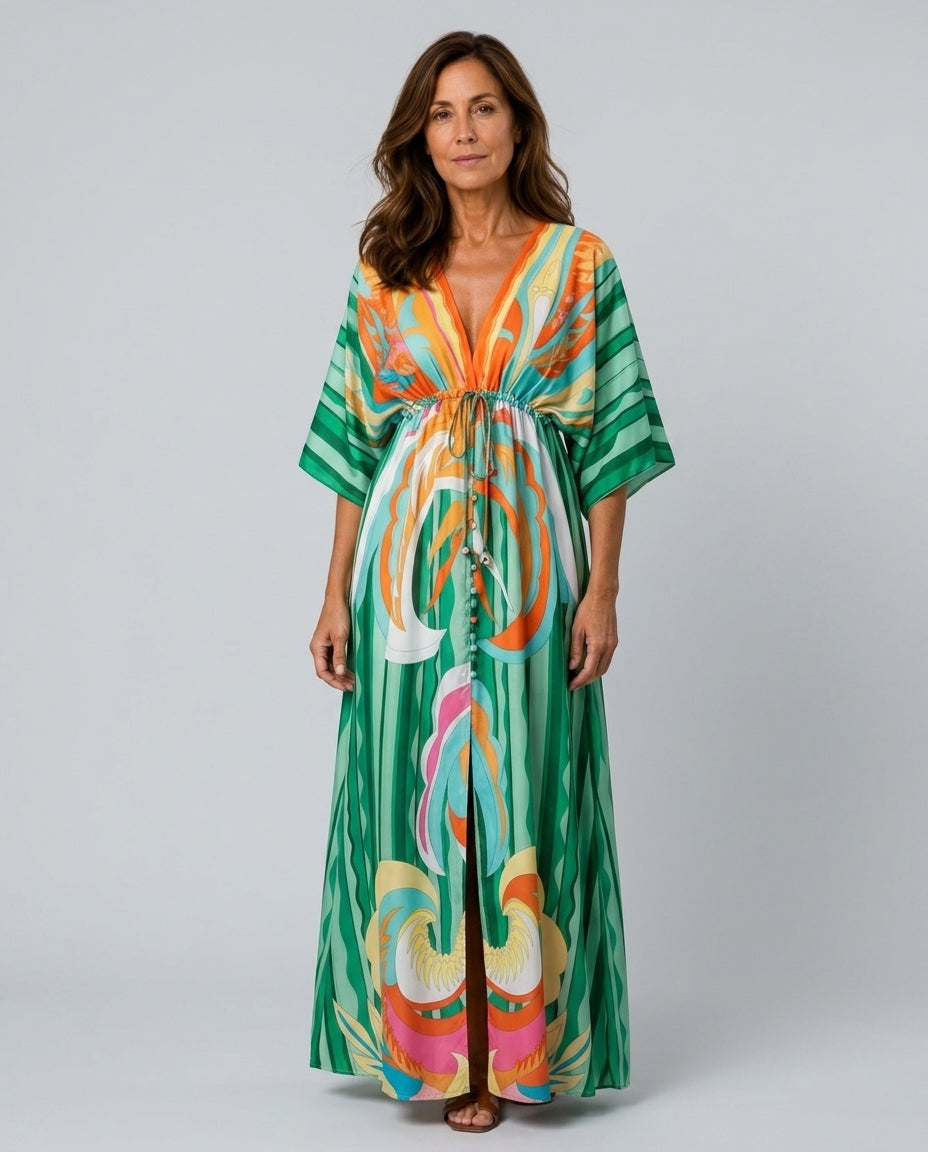 Josephine | Printed Batwing Tie-Waist Maxi Dress
