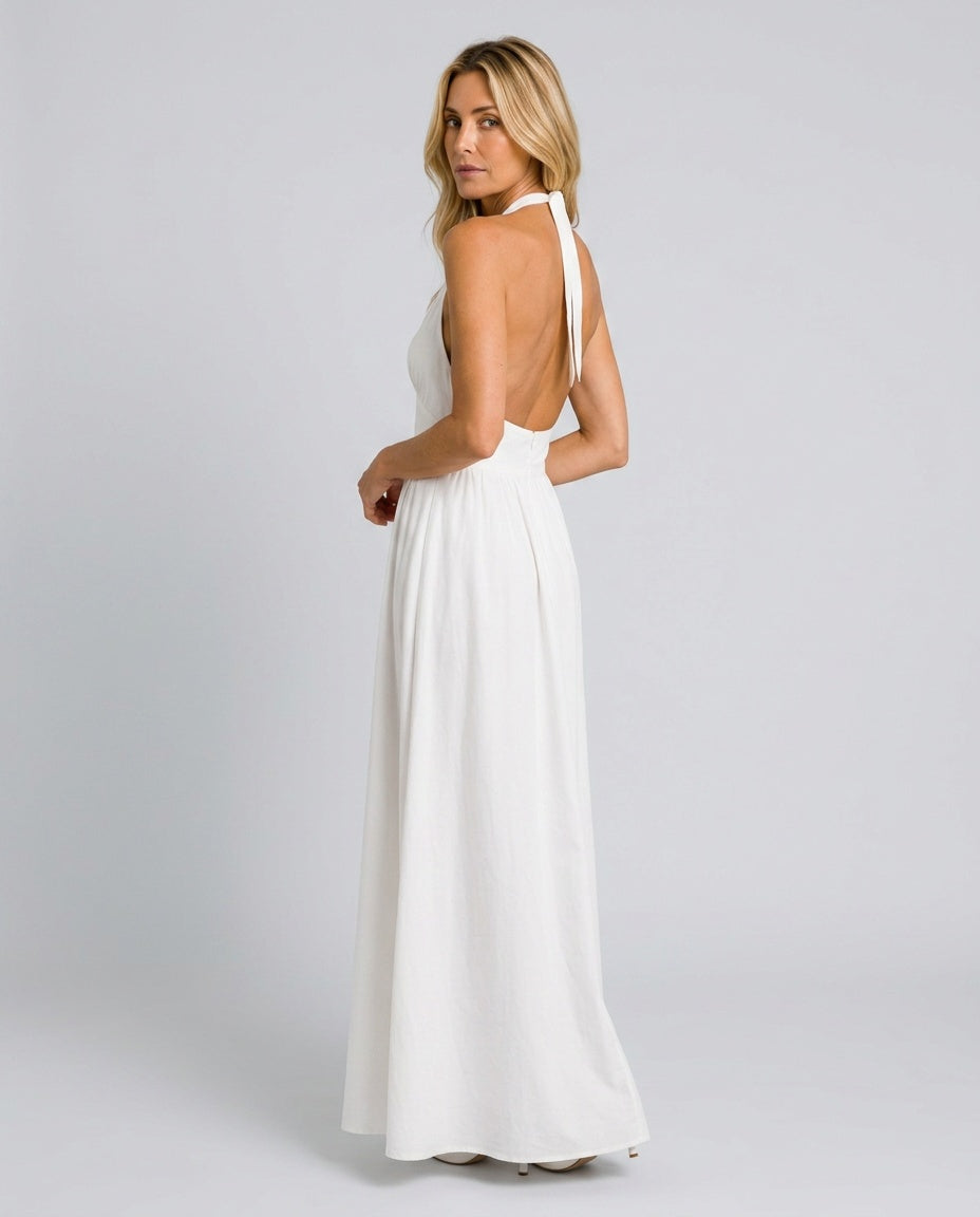 Salma | Halter V-Neck Gathered A-Line Maxi Dress