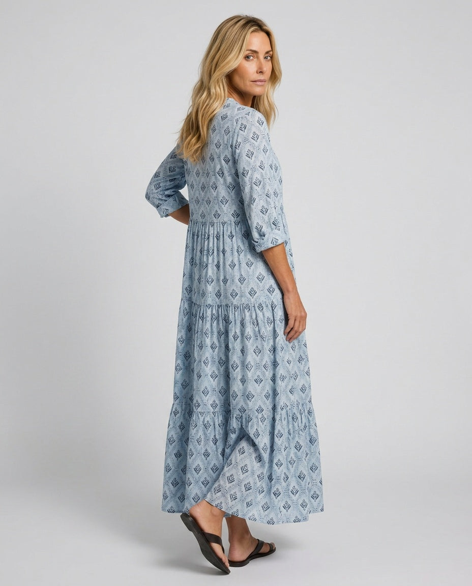 Maeve | Notch Neck Printed Long Sleeve Maxi Dress