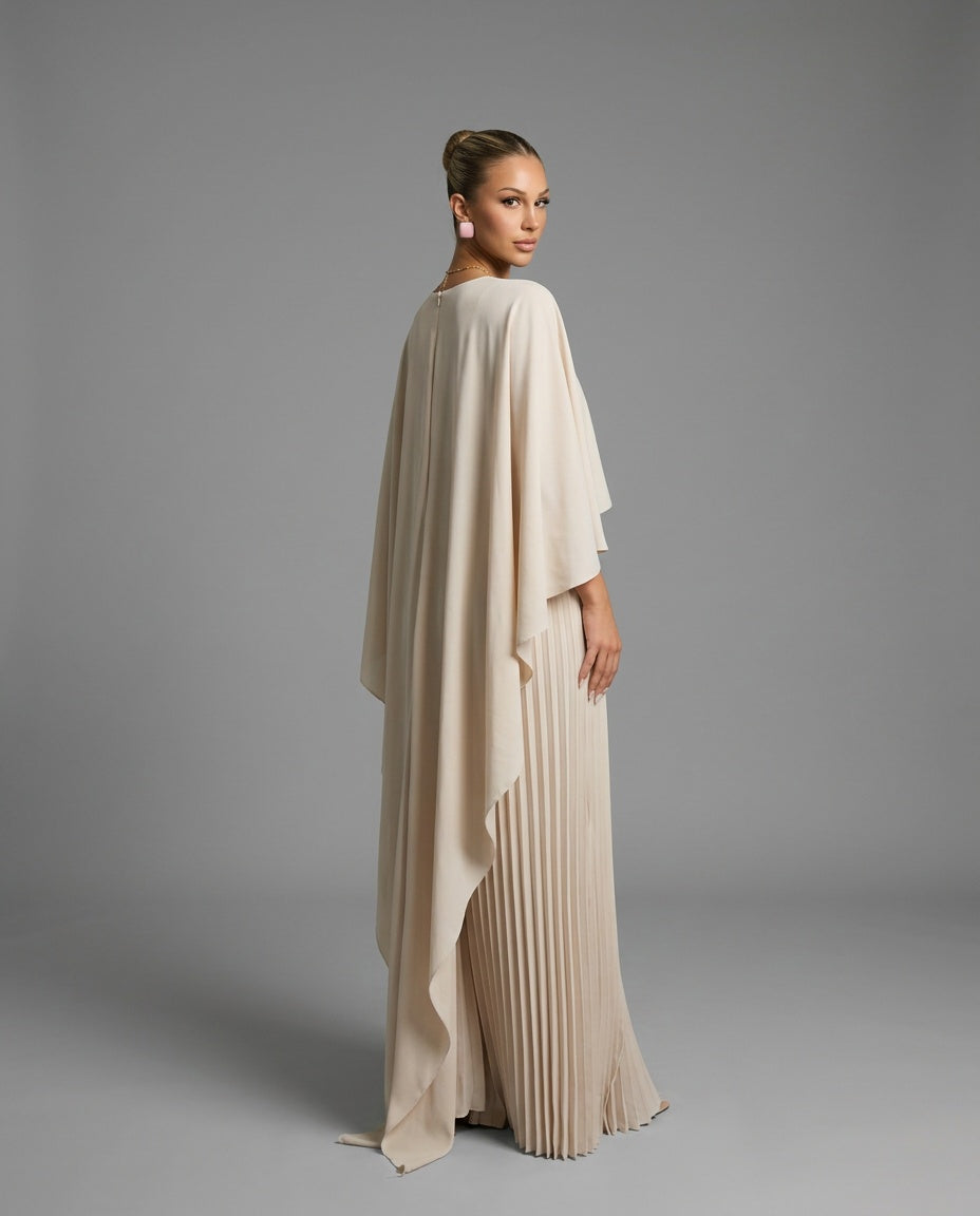 Oryna | Asymmetric Cape Overlay Pleated Maxi Dress