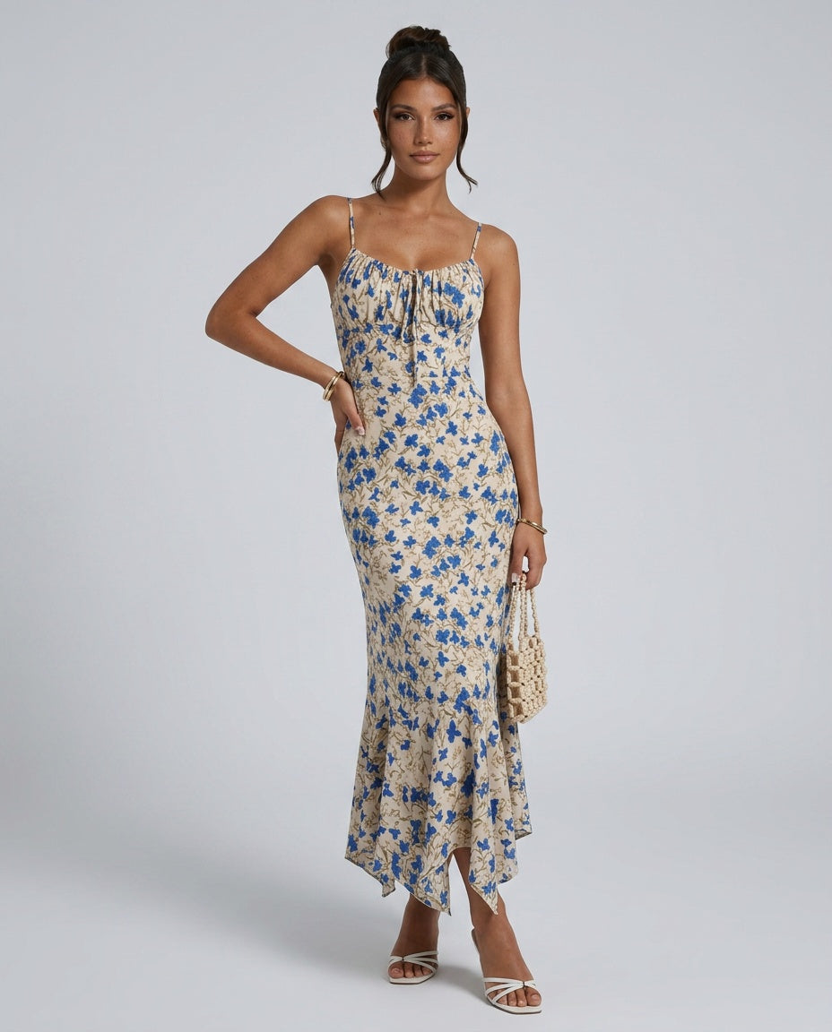 Thea | Floral Ruched Front Spaghetti Strap Maxi Dress