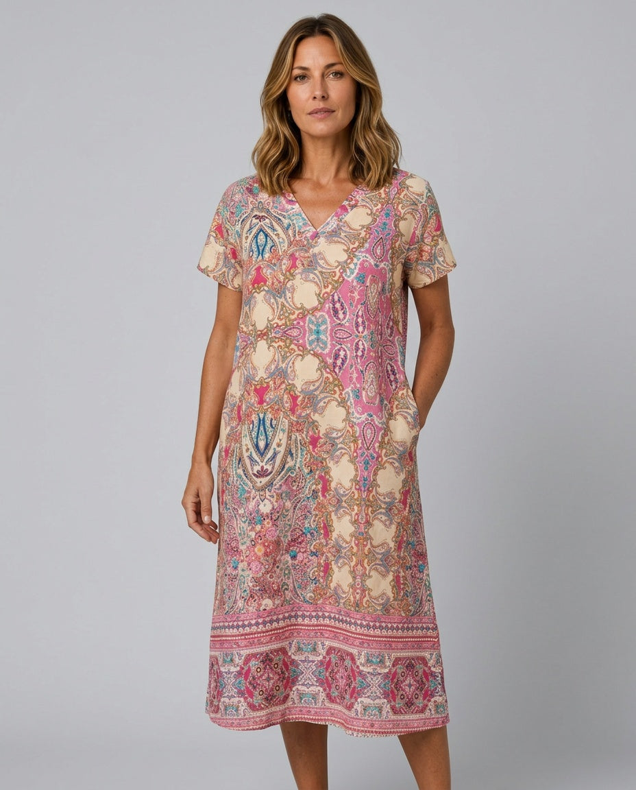 Maeve | Printed V-Neck Short Sleeve Midi Dress