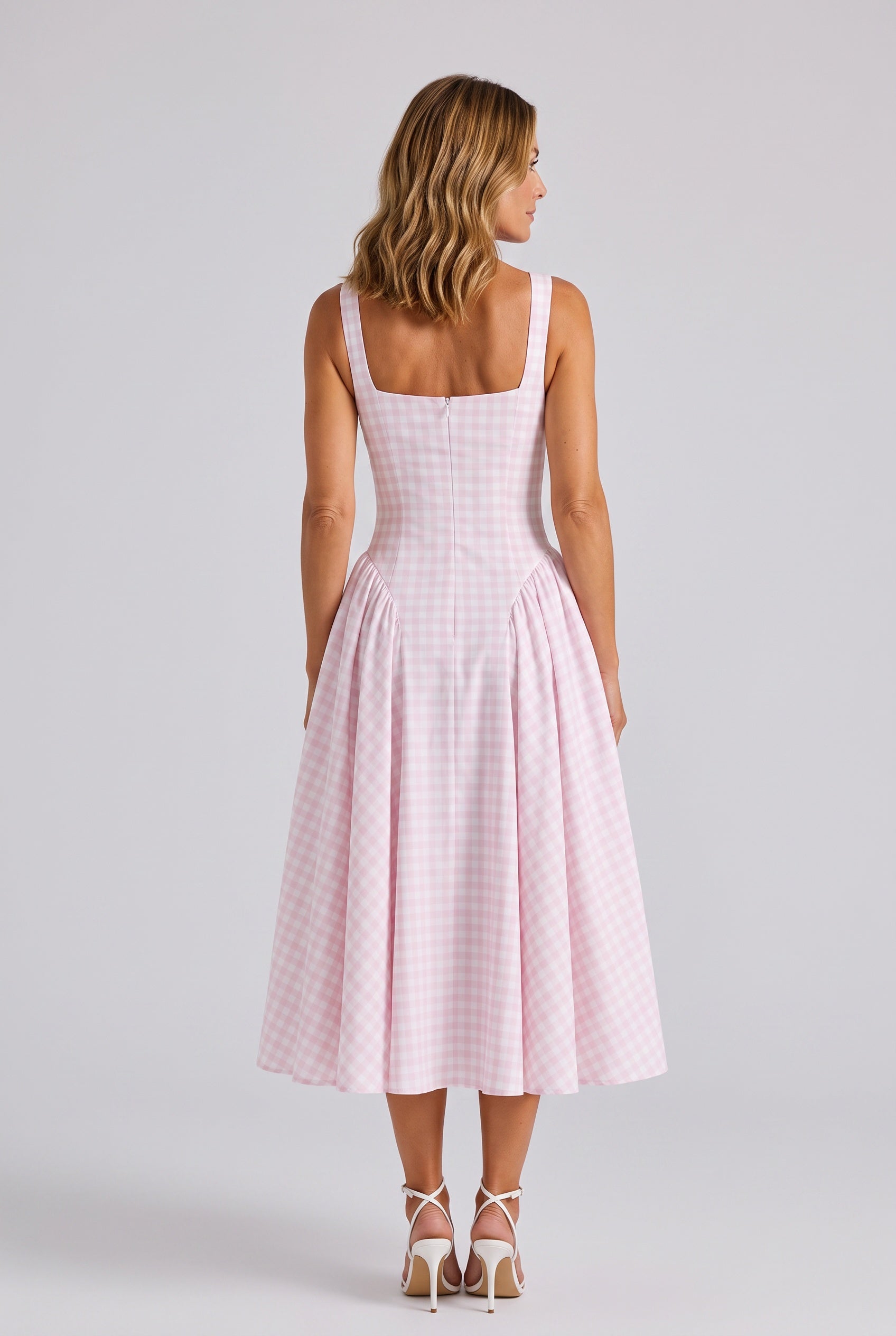Verity | Sculpted Waist Full Skirt Gingham Midi Dress
