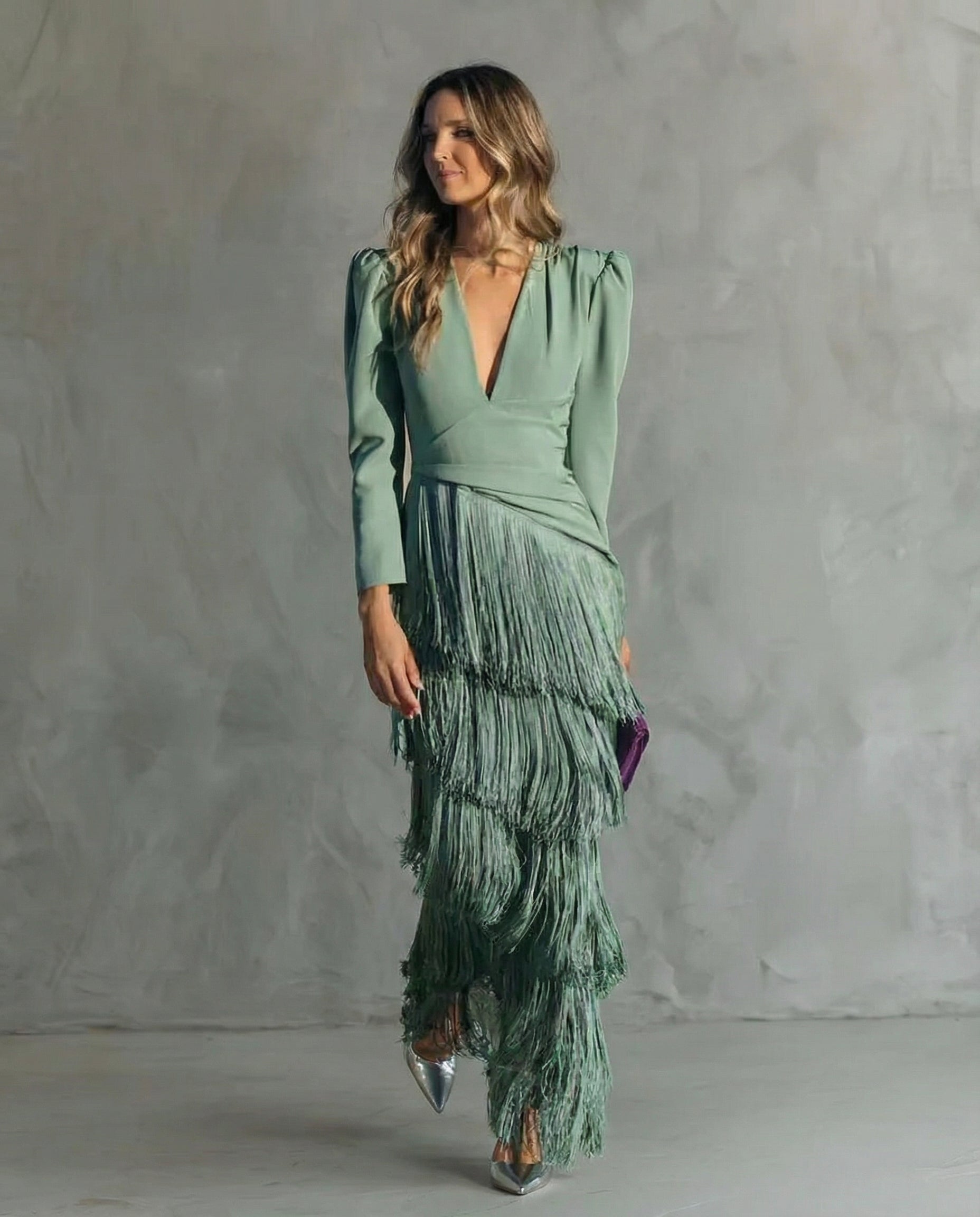 Brigitte | Fringe V-Neck Long Sleeve Midi Dress
