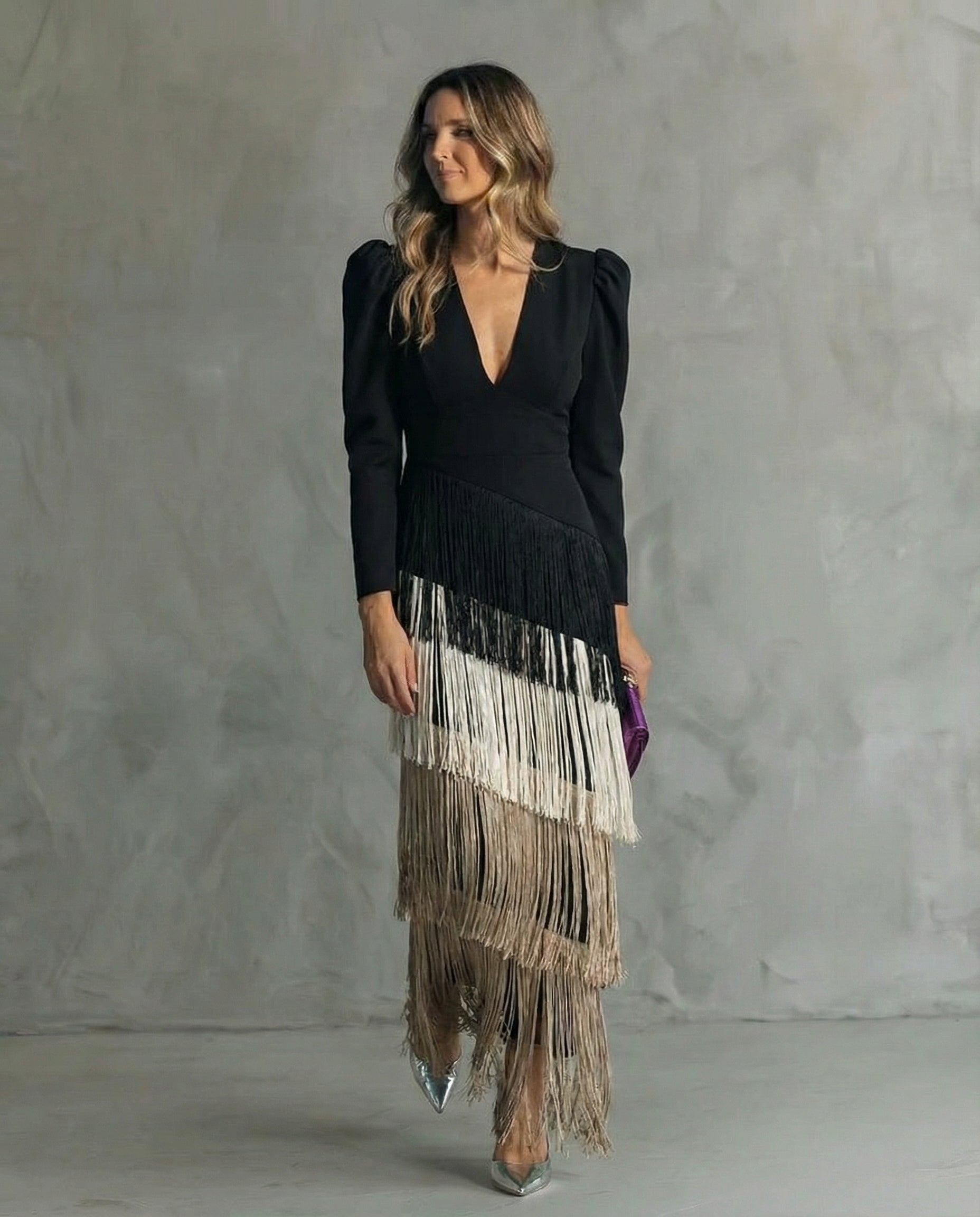 Brigitte | Fringe V-Neck Long Sleeve Midi Dress