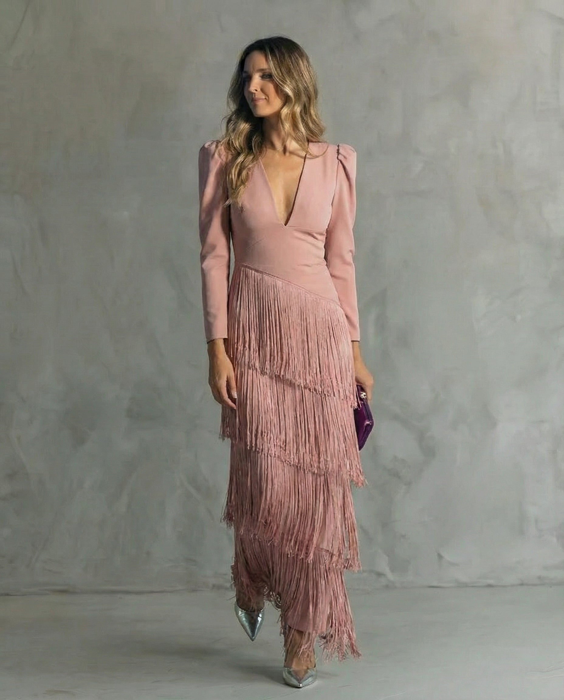Brigitte | Fringe V-Neck Long Sleeve Midi Dress