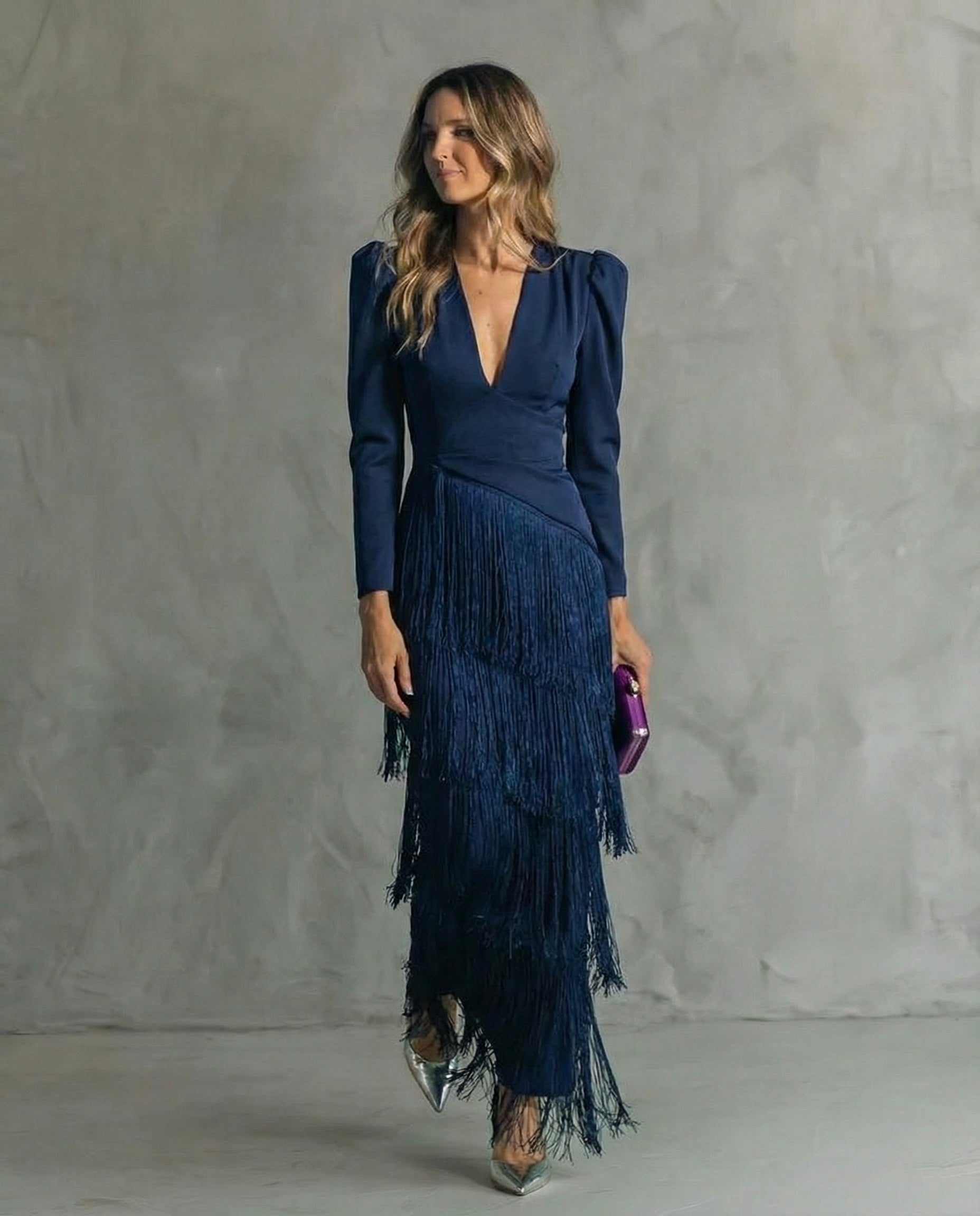 Brigitte | Fringe V-Neck Long Sleeve Midi Dress