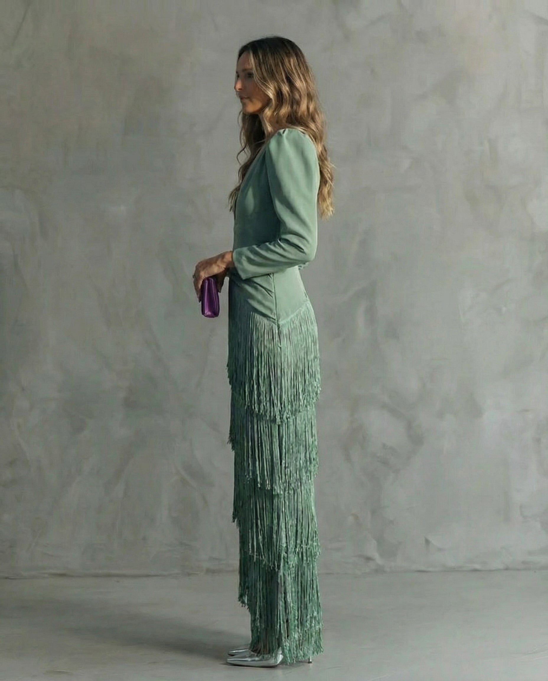 Brigitte | Fringe V-Neck Long Sleeve Midi Dress