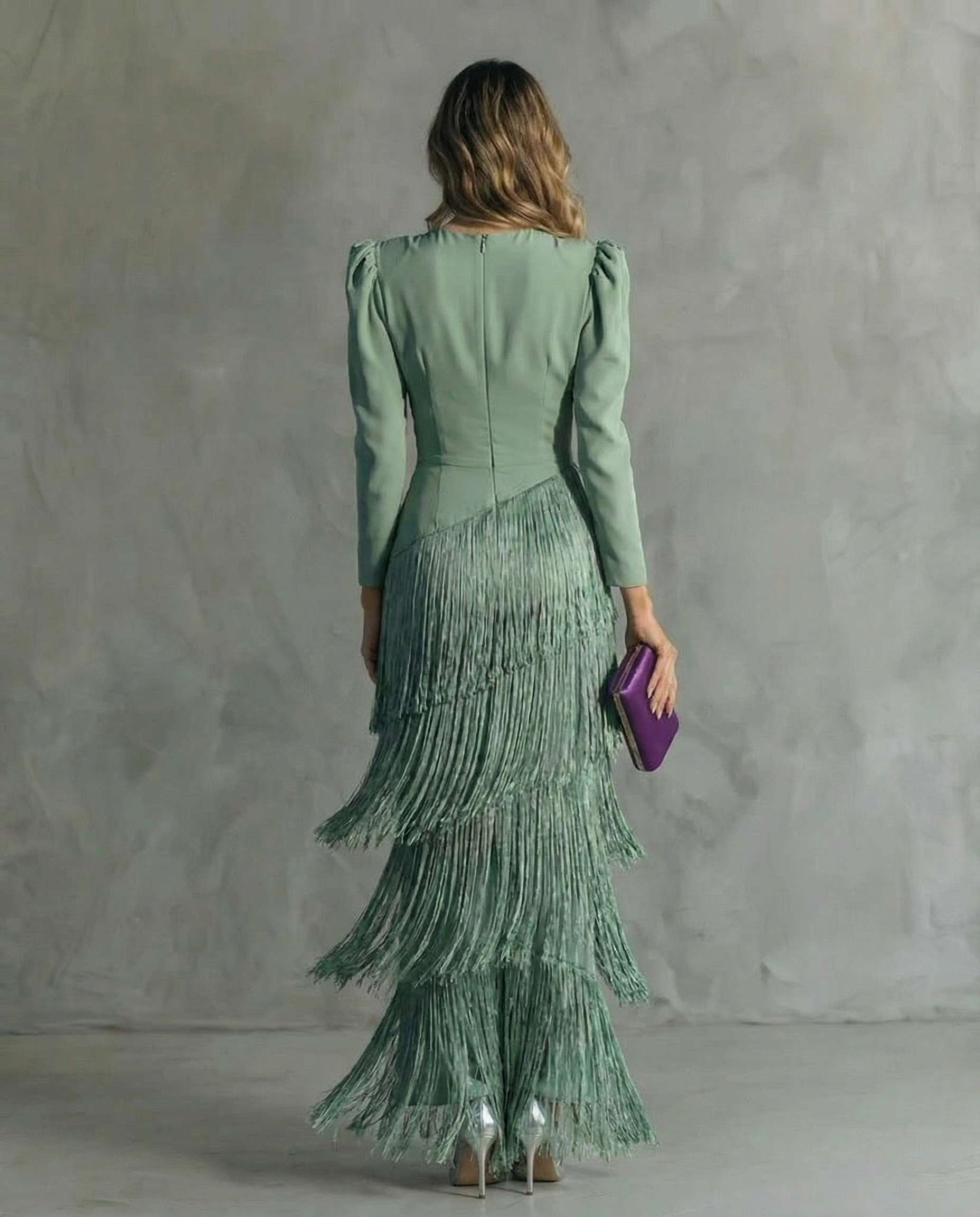Brigitte | Fringe V-Neck Long Sleeve Midi Dress