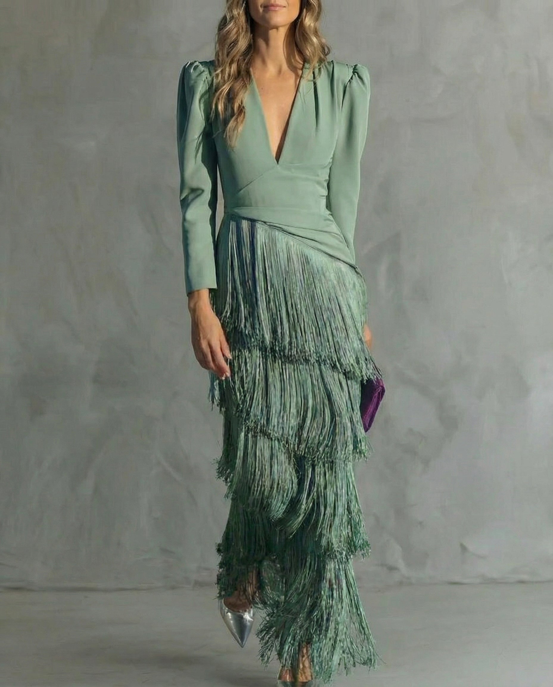 Brigitte | Fringe V-Neck Long Sleeve Midi Dress