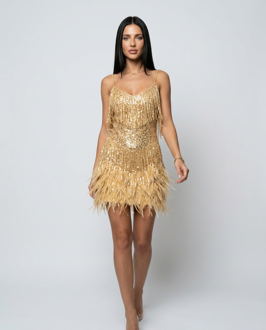 Roxie | Mini Sequin Dress with Feather Tassels