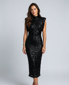 Edda | Sequin Shoulder Pad Midi Dress