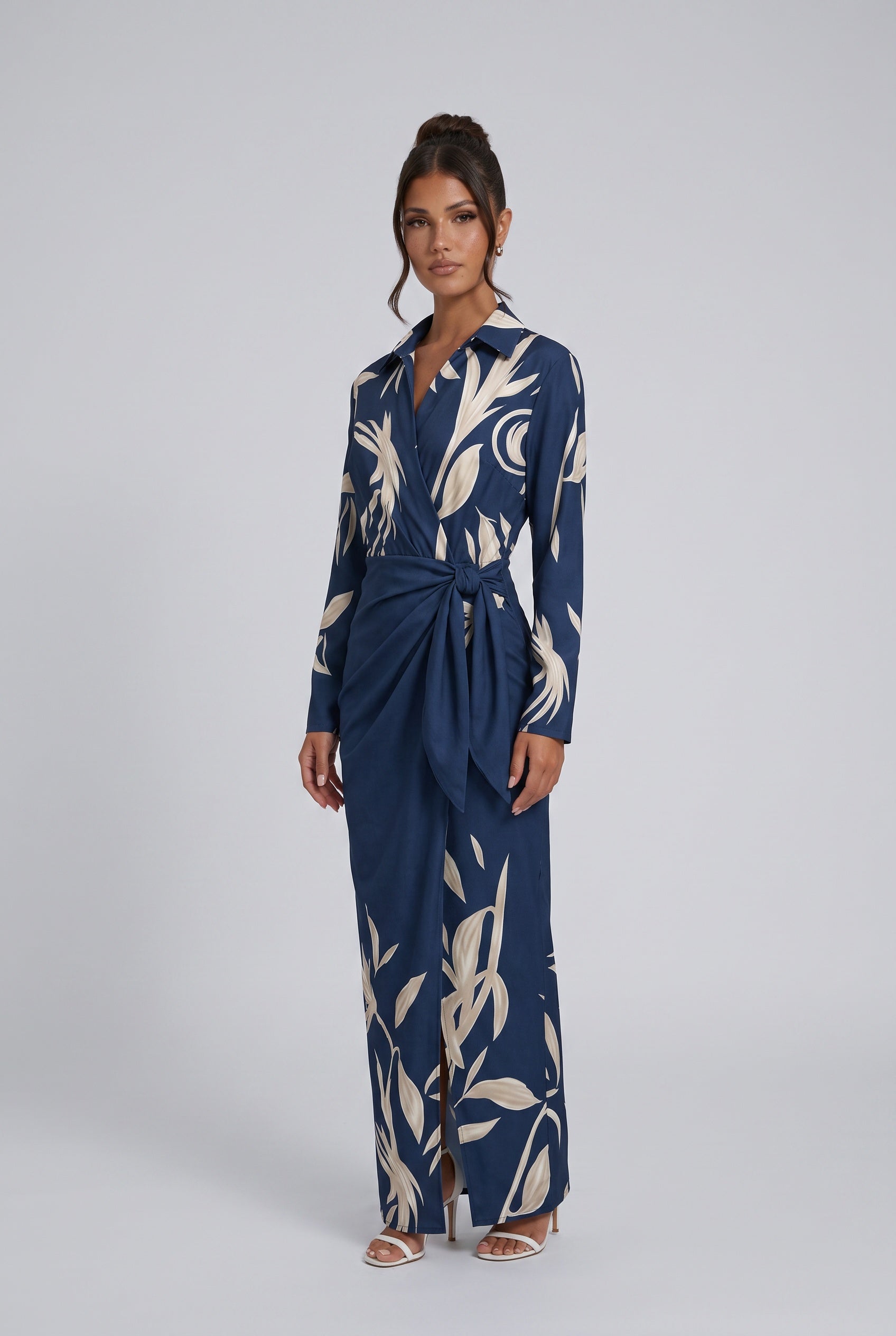 Amara | Leaf Print V-Neck Wrap Maxi Dress