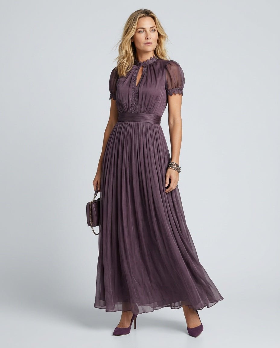 Bianca | Pleated Puff Sleeve High Neck Maxi Dress