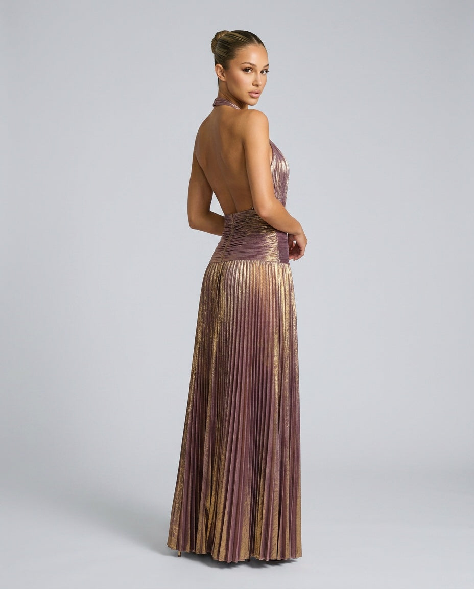 Esme | Pleated Halter Neck Open Back Maxi Dress