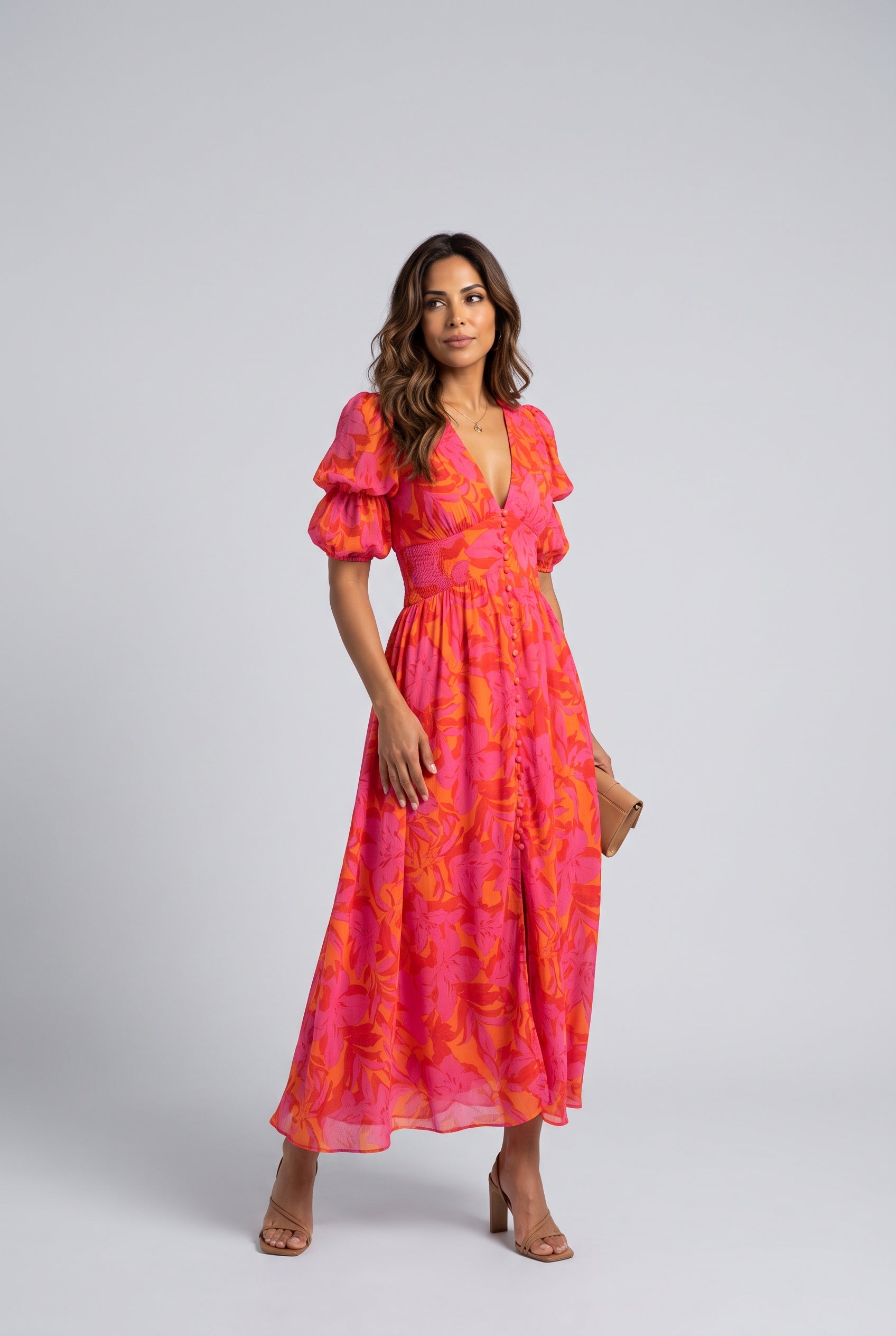 Cleona | Puffed Silhouette Short Sleeve Maxi Dress