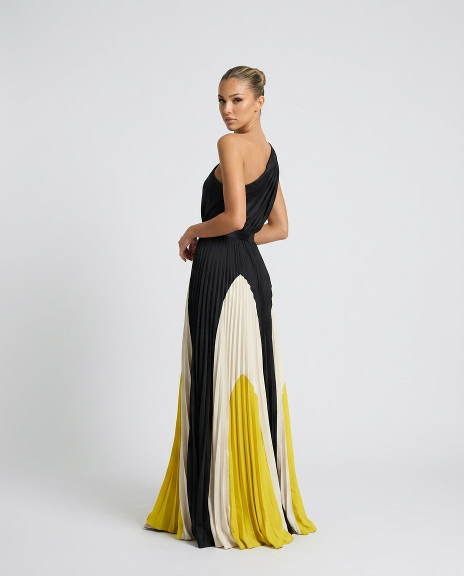 Aurore | Asymmetric Draped Pleated Multicolour Maxi Dress