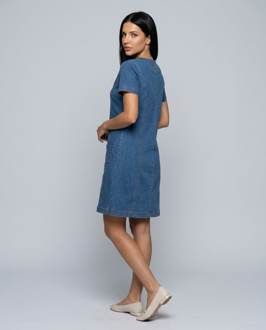 Denim | Short Sleeve V-Neck Mini Dress with Pockets