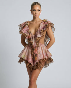 Savelle | Leopard Print Cut-Out Frill Mini Dress