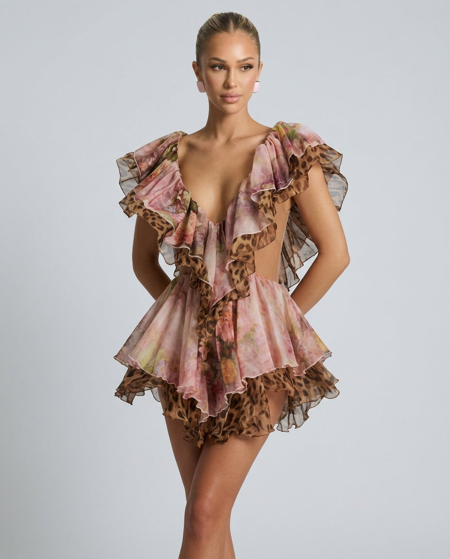 Savelle | Leopard Print Cut-Out Frill Mini Dress