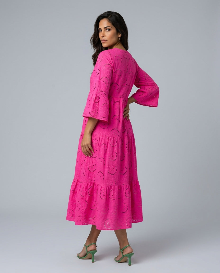 Amara | Openwork V-Neck 3/4 Sleeve Maxi Dress