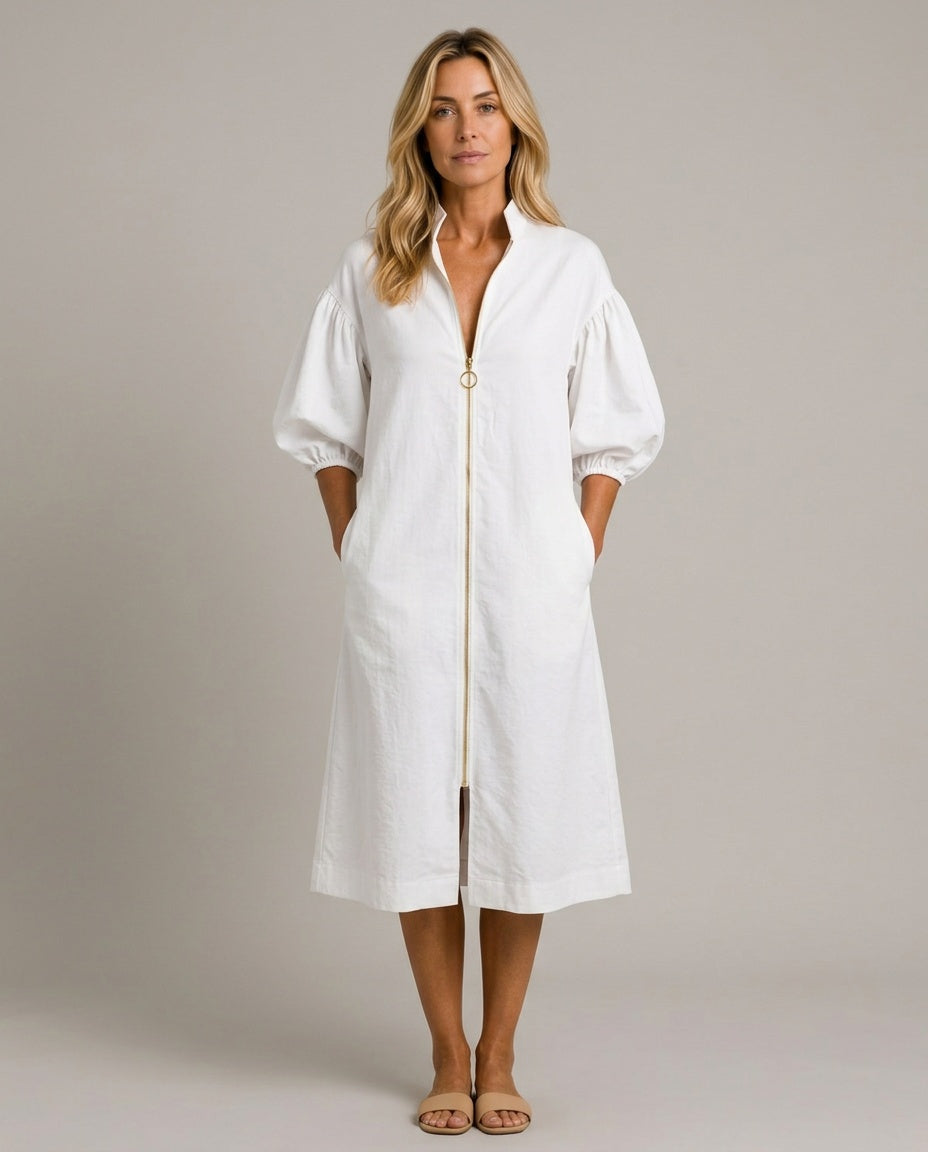 Astrid | Puff Sleeve High Neck Midi Dress