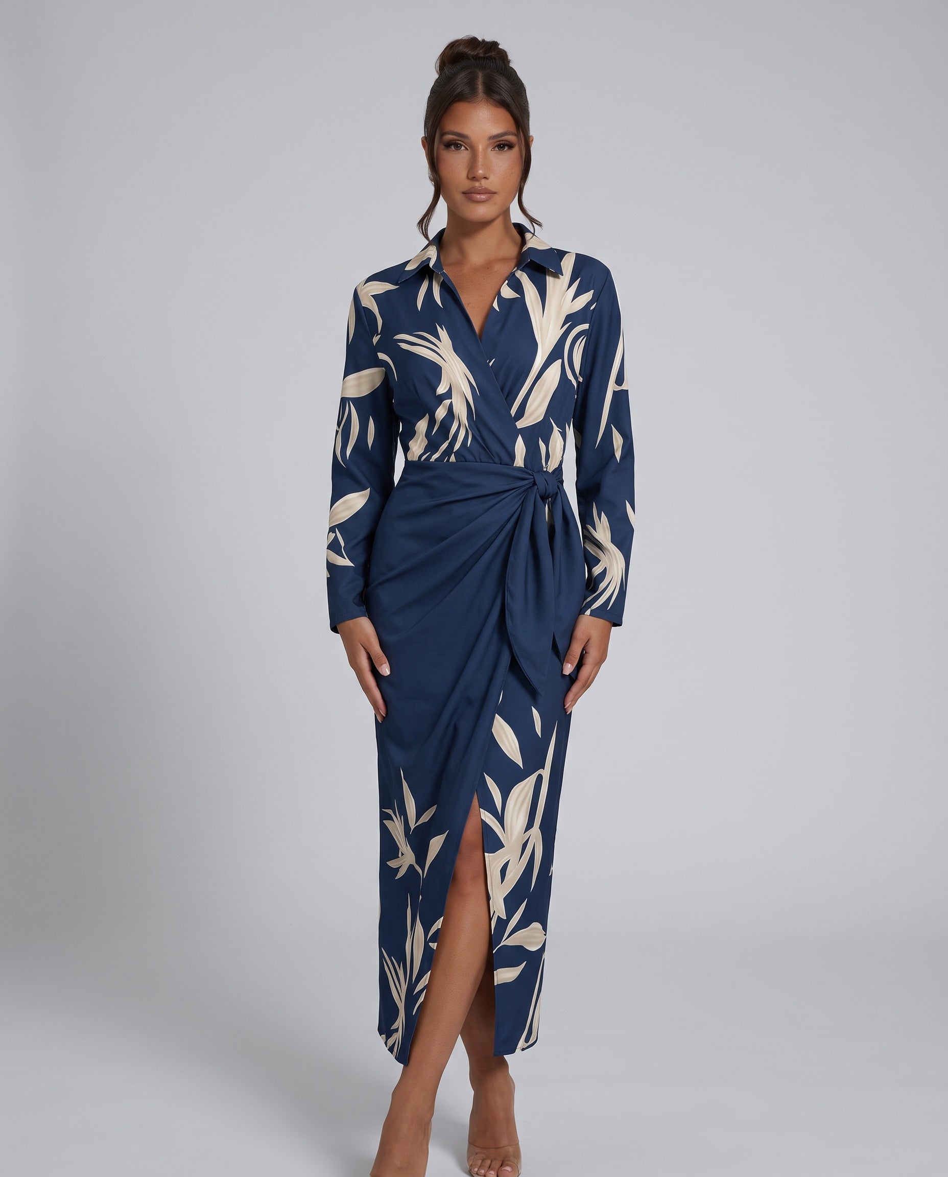 Amara | Leaf Print V-Neck Wrap Maxi Dress