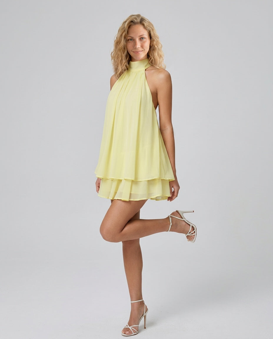 Willa | Tiered Ruffle Open Back Halter Mini Dress