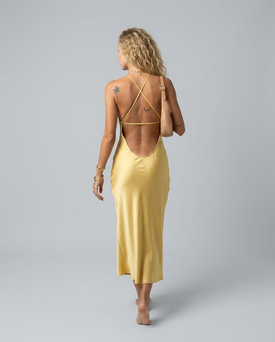 Bianca | Asymmetric Open Back Spaghetti Strap Midi Dress