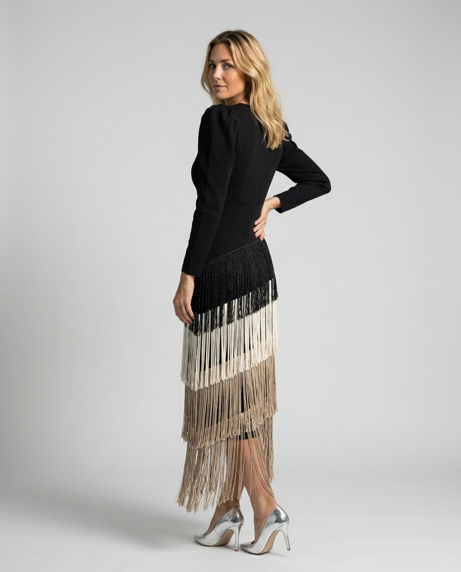 Brigitte | Fringe V-Neck Long Sleeve Midi Dress