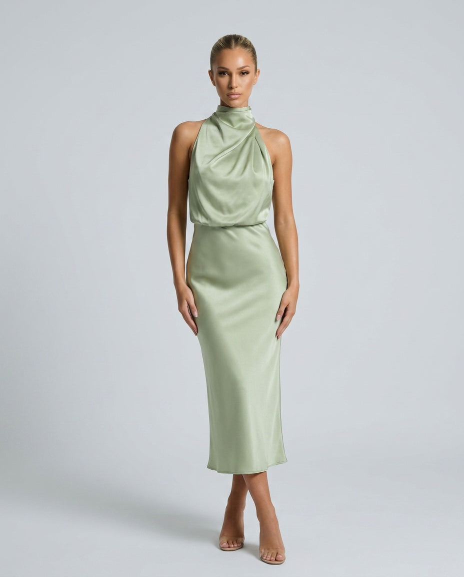 Seraphina | Satin-Look Halter Midi Dress