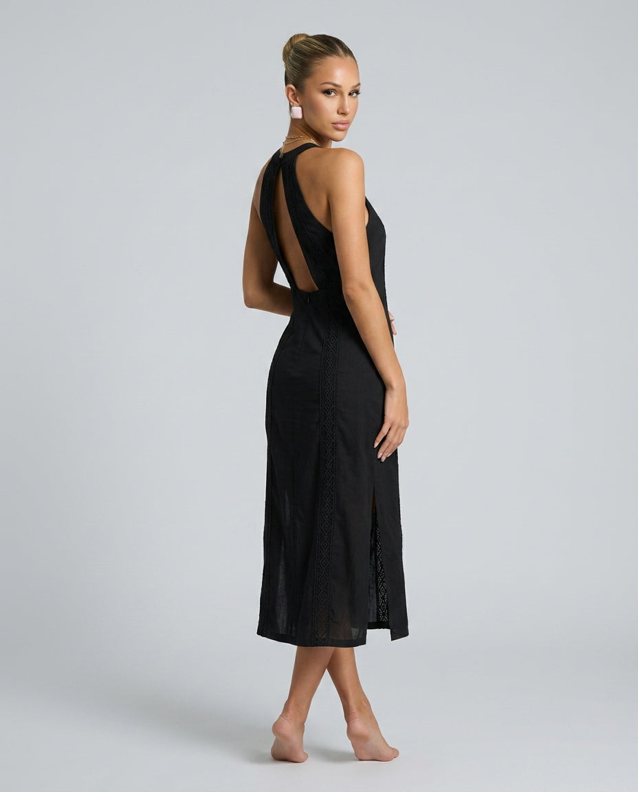 Margaux | High Neck Lace Detail Sleeveless Midi Dress