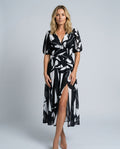 Mira | V-Neck Puff Sleeve Pleated Midi Dress