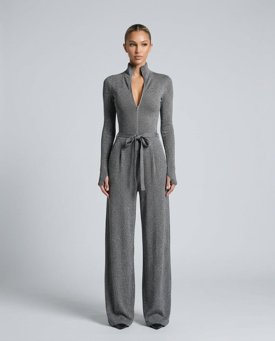 Zara | Knit Sparkling Zipper-Front Jumpsuit