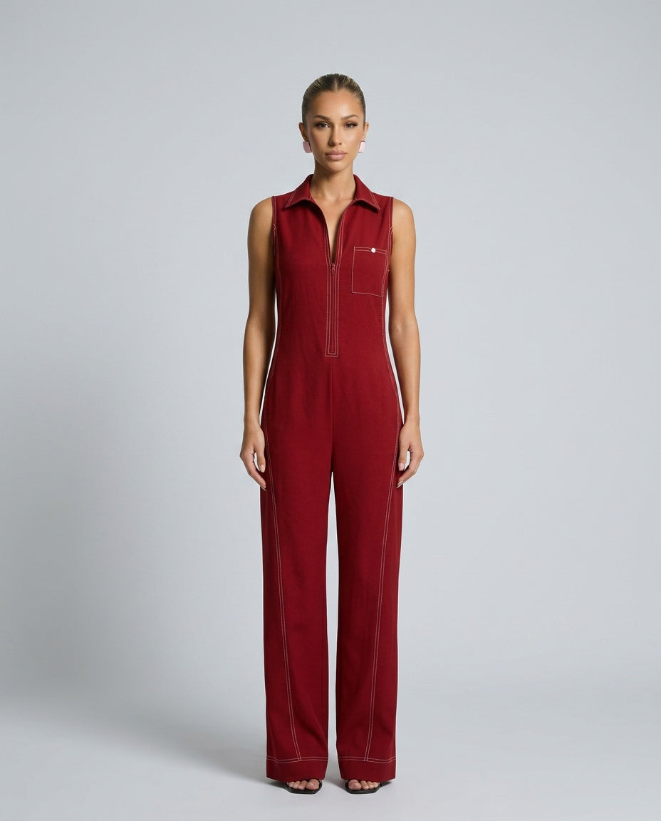 Evie | Loose-Fit White Trim Sleeveless Jumpsuit