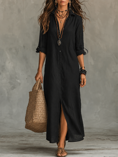 HARLOW — Black Button-Front Shirt Maxi Dress