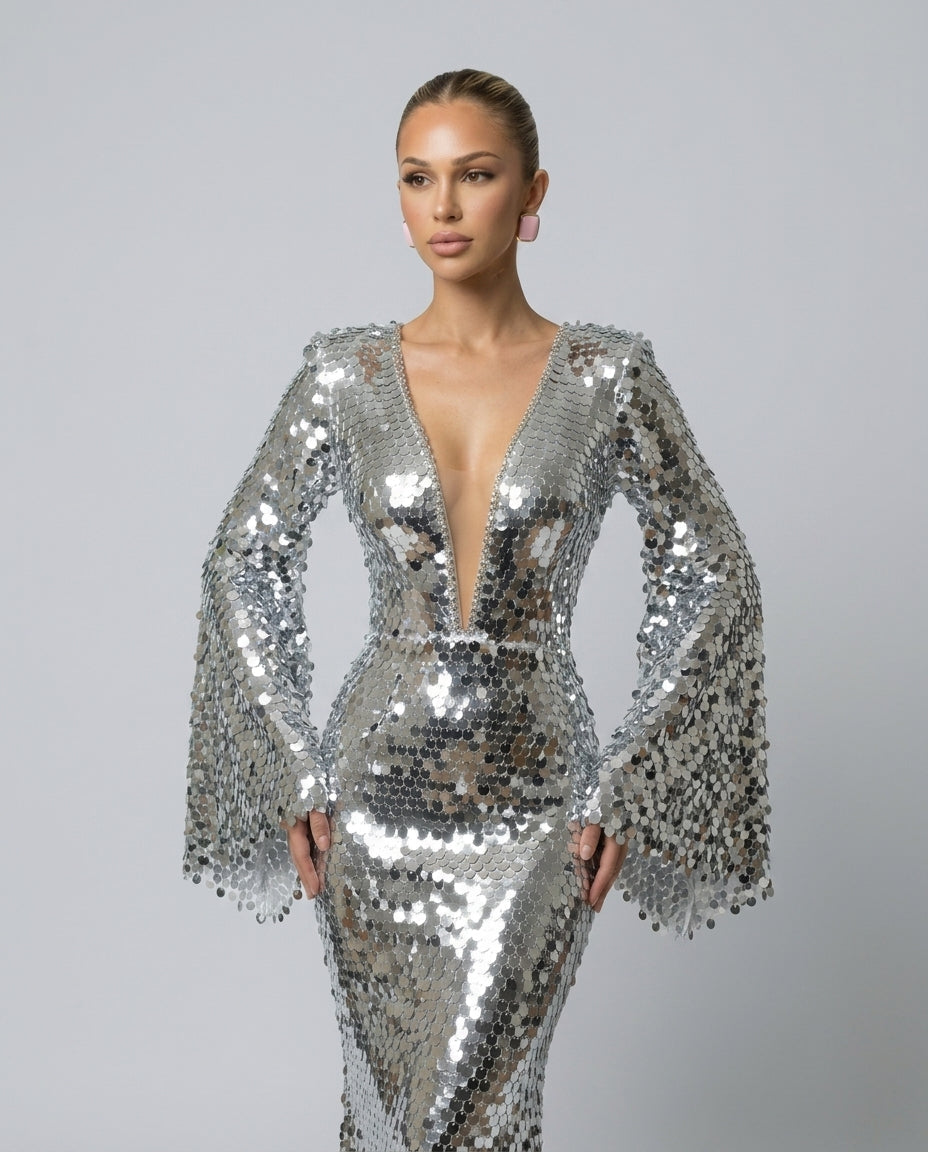 Celeste | Sequin Maxi Evening Dress with Silver Overlay