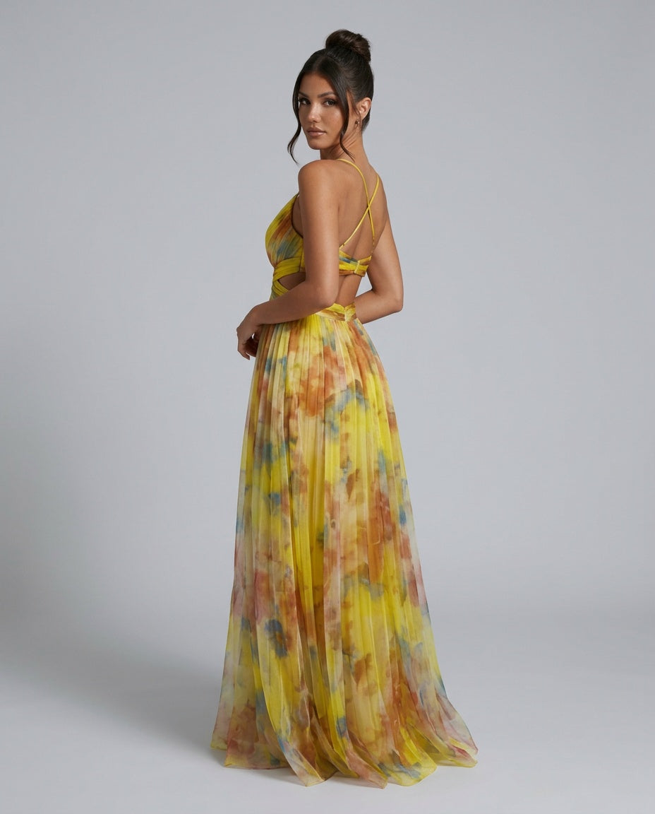 Liv | Pleated Open-Back Spaghetti Strap Maxi Dress
