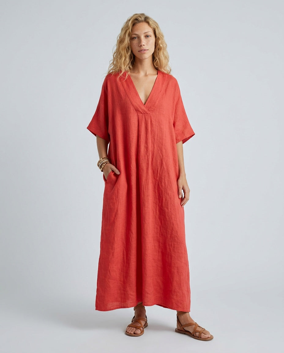 Malena | V-Neck Flowy Linen-Blend Midi Dress